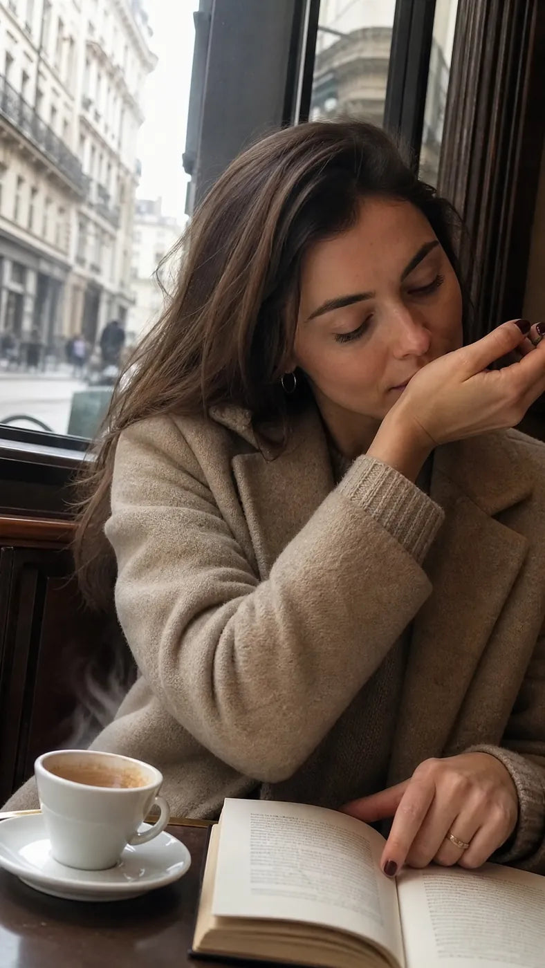 A woman reading the scent at her own wrist at a cafe