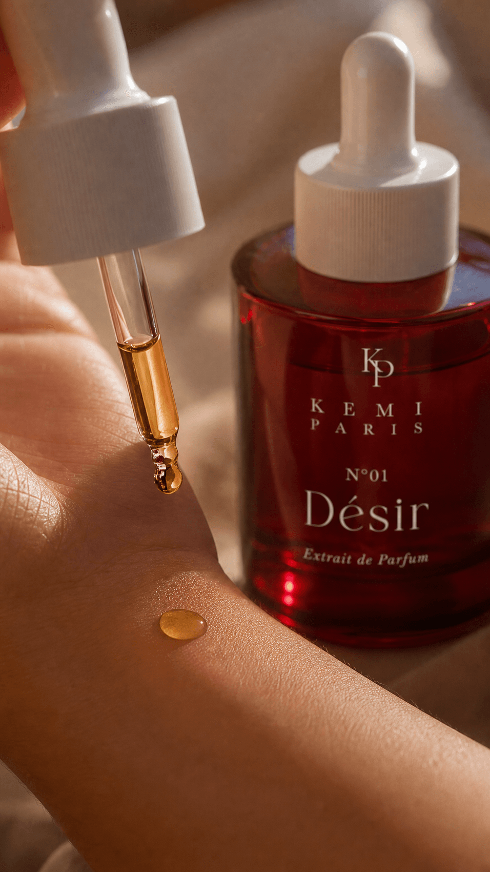 The 2-drop ritual — dropper pressed to the wrist